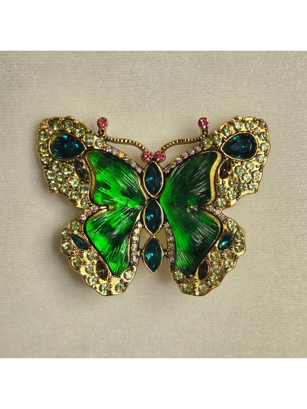 Green Rhinestone Gold Tone Butterfly Brooch Whimsical Fairy Cottage Romantic